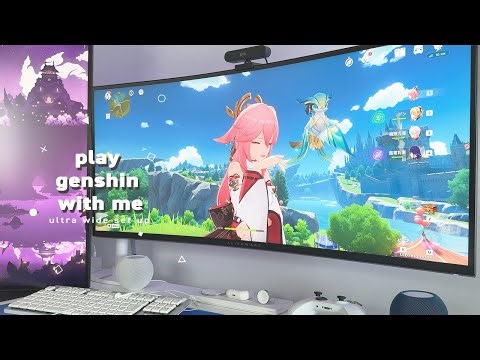 🦊playing genshin impact on ultra wide monitor set up | 1h gemeplay ambience (jp dub)