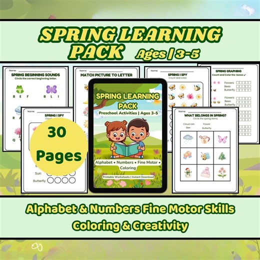 Spring Preschool Worksheets Bundle | 60 Printable Learning Activities for Kids Ages 3–5 | Color & Black and White | Alphabet, Numbers, Math - Etsy