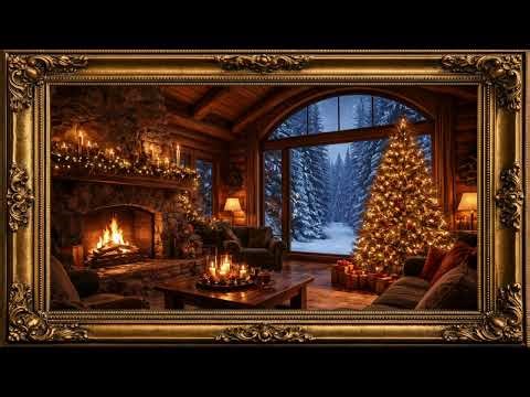 Gold Framed TV Art Screensaver (4K) — Cozy Christmas Cabin Fire Ambience with Music | 1 Hour