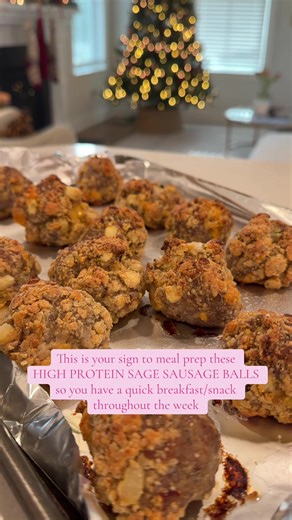 Save for later because these are sooo much better than your average sausage balls. Beyond addicting and easy to make! Ingredients: - 1 lb. Of Jimmy Dean sage sausage - Half of an onion - Half a green apple - 1 cup of shredded cheddar cheese - 1/4 a cup of cottage cheese - 2 cups of Kodiak protein pancake mix - 1 tbsp of Dijon mustard - 1 tbsp of chopped dill or thyme - Pinch of salt and pepper Sautee onion and apple until soft/translucent. Mix all ingredients together in a bowl and bake at 350 f