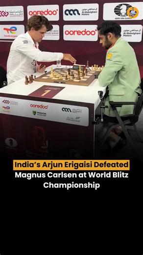 SARCASMICGAG - Harsh Chaudhary on Instagram: "Indian chess star Arjun Erigaisi created a stunning moment at the World Blitz Championship in Doha by defeating World No. 1 Magnus Carlsen."