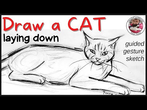 How to Draw a Cat Laying Down, side view, facing front simple sketch tutorial, beginner artist & up