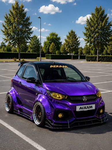 Small size. Massive attitude. 💜 This widebody Aixam turns the humble microcar into a full-blown street machine. Finished in deep metallic purple with aggressive aero, ultra-wide wheels and classic yellow French-style lights, this tiny diesel-powered beast looks ready for a midnight car. Proof that even a brommobiel can have supercar energy. 🇫🇷🔥 #fleetvision #aixam #supercar #classiccar #tuning