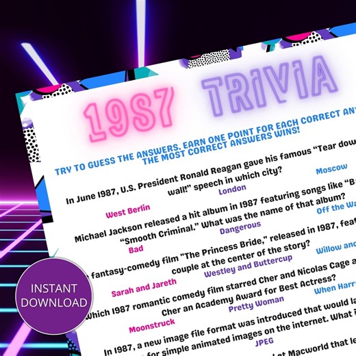Born in 1987 Trivia Game Printable, 1987 Birthday Facts Quiz for Adults & Families, Fun Party Game, Instant Download PDF - Etsy