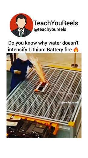 Teach You Reels on Instagram: "Do you know why water doesn’t stop a lithium battery fire—and can even make it worse? 🔥🔋💦 It’s because lithium reacts violently with water, producing hydrogen gas, which is highly flammable. Instead of extinguishing the flames, it can actually intensify the fire! ⁣ That’s why lithium battery fires need special fire extinguishers—not just water. ⁣ This video is for educational purposes only. DM for credit/removal. ⁣ #LithiumBatteryFire #ScienceExplained #FireSafe