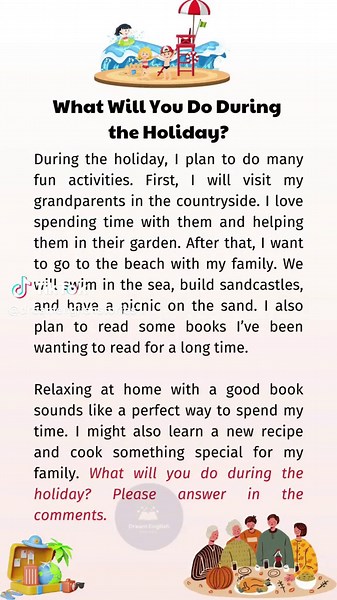 Topic 204: What will you do during the holiday? #learnenglish #english #englishstories #englishteacher #dailystories #dreamenglishstories #learnenglishdaily #dailyenglish