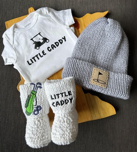 Handmade Golf Baby Gift Set: 'little Caddy' Bodysuit, Knit Booties & Beanie - Etsy