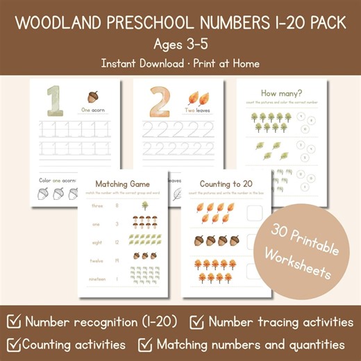 Numbers 1–20 Worksheets for Preschool – 30 Printable Counting & Number Practice Activities | Homeschool Math PDF - Etsy