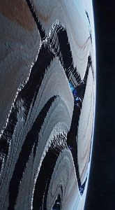 The Hollow Shell: Jupiter’s Final Breath. The camera drifts silently through the vastness of space, revealing a haunting scene. Jupiter, once a storm-wracked giant with swirling clouds and flashing lights, now floats lifelessly in the void. The planet's once-vibrant atmosphere is gone—its clouds, its storms, its glow—all vanished without a trace. A cold emptiness surrounds it, the silence deafening. A deep, resonating hum echoes through space, a low vibration that seems to emanate from the very 