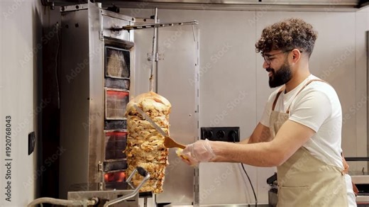 Chef smiling and slicing succulent meat from a vertical rotisserie for a shawarma or kebab in a restaurant kitchen