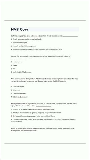 NAB Core Exam Study Questions With C0rrect Answers 20242025 RATED 1004