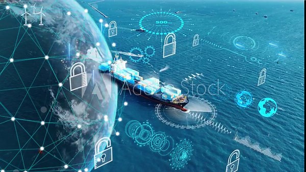 Future Supply Chain cyber security container smart port. Ocean Carriers, marine cargo ship AI technology logistics tracking digital automation freight networks. Big Data risk industry transportation.