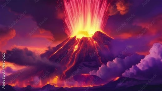 As the volcano erupts it paints the surrounding area in a fiery mix of red orange and purple shades.