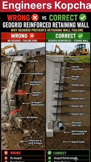 WRONG ❌ vs CORRECT ✅ GEOGRID REINFORCED RETAINING WALLWHY GEOGRID PREVENTS RETAINING WALL FAILURE