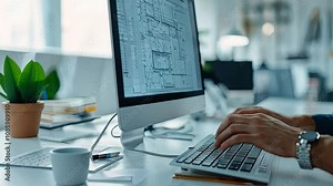 Architect's Vision: An architect's hands meticulously craft a building plan on a computer, their focus and precision evident in every keystroke.