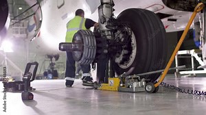 Airport worker checking chassis. Engine and chassis of the passenger airplane under heavy maintenance. Engineer checks the aircraft chassis and engine. Stock Video