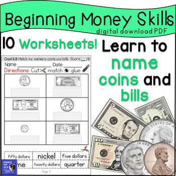 Math Money Skills Read and Match Names to Coins and Dollar Bills PDF Worksheets