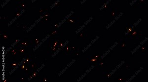 Abstract loop glow fire particles ash sparks rising up animation with transparent alpha channel can be used for overlay your project.Chaotic motion of fiery orange glowing flying ember burning ash par