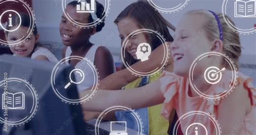 Four school-age girls typing and pointing at monitor in classroom, animated education icons growing