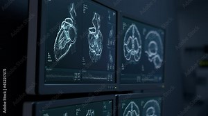 MRI heart and head scanning. Brain tumor, cancer X-ray diagnostics. Patient’s vital signs displayed on hospital screens. Disease diagnosis. CT scan Human ilness research 3D Render Medical 4K animation