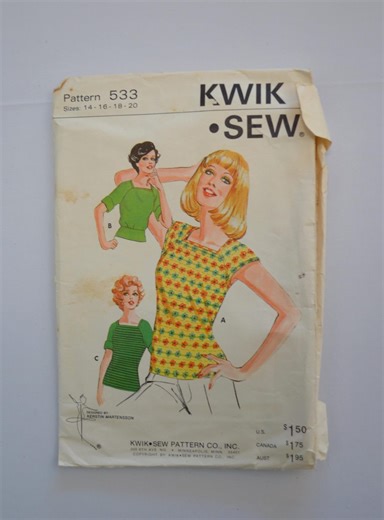 Vintage Kwik Sew 533 Sewing Pattern, Women's Pullover Top Shirt Stretch Knit Sizes 14-16-18-20