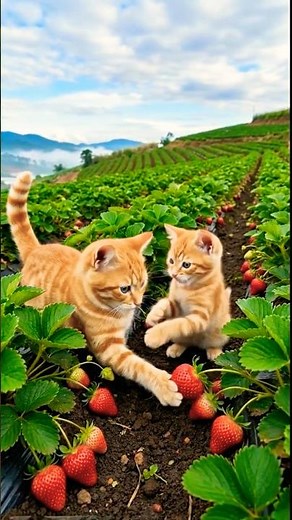 Mother Cat and Kitten Growing Strawberries in Da Lat Vietnam. #cat #catvideos #catlife
