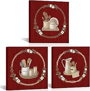 OuElegent Kitchen Canvas Wall Art Cooking Utensils Painting Vintage Burgundy Red Art Prints for Home Decor Framed 12"x12"x3pcs