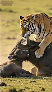 Tiger Attacks Hyena for Food but Mercifully Spares Buffalo Mother and Calf
