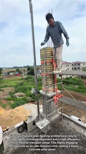 🧱⚡ Master Level Pillar Framing: Pouring Cement Using Custom Lift Rig#shorts