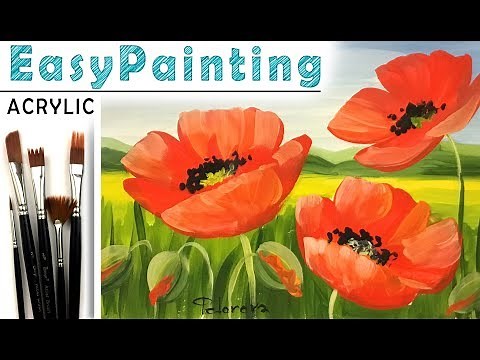"Poppies" How to paint landscape & flower🎨ACRYLIC full tutorial for beginners