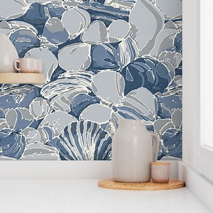 Coastal Shell Wallpaper | Gray & Blue, Peel and Stick - Etsy