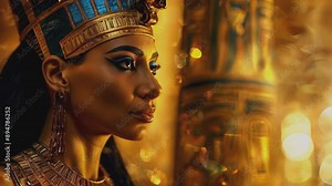 Portrait of a beautiful woman in traditional Egyptian clothing in an ancient Egyptian temple. Cleopatra or Nefertiti Queen of Egypt