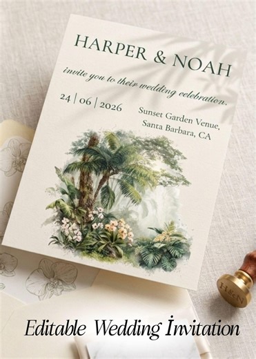 Tropical Jungle Wedding Invitation Template, Palm Leaf Wedding Invitation, Editable Canva Wedding Invite, Exotic Wedding Invitation Template - Etsy