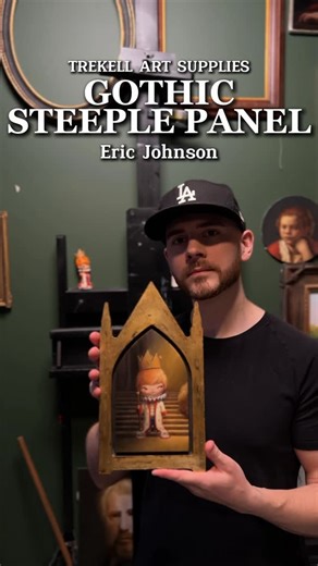 Trekell Art Supplies on Instagram: "Trekell Pro Team artist Eric Johnson @ericjohnsonartist painting in oil on our Gothic Steeple Floater Panel with Trekell brushes. This dramatic shape is ready for whatever medium you love, just prep the surface for your process and make it your own. Comment STEEPLE and we will send you the details about this panel. #Trekell #EricJohnsonArt #OilPainting #ArtistTools #StudioLife"