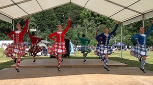 Competitors in the Highland Fling, Scottish Highland dancing adult heats during the 2023 Drumtochty Highland Games. These were held in the grounds of Drumtochty Castle at Auchenblae in Aberdeenshire, Scotland, on Saturday 24th June 2023. Those taking part were (L-R) Molly Smith (222), Olivia Richardson (227) Michelle Gordon (229) and Rachael Walker (236), most of whom are Scottish Champions. #Drumtochty #highlandgames #aberdeenshire #highlanddance #highlanddancing #HighlandFling #Scottishdance #