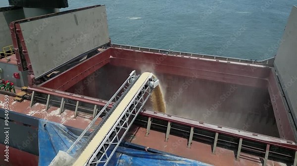 grain from the loading belts to the cargo compartment of the cargo ship