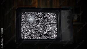 4K 3D Switch on, turn off Vintage television. Analog Static Noise texture. Green Screen. black white offset flickering noise. Screen damage TV effects artifacts. VHS. Bad interference. Retro 80s, 90s