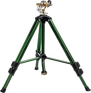 Hourleey Impact Sprinkler on Tripod Base, Heavy Duty Brass Sprinklers for Yard Lawn Garden, 0-360 Degree Large Area Coverage, 3/4 Inch Connector Extension Legs Flip Locks with Brass Sprinkler Head