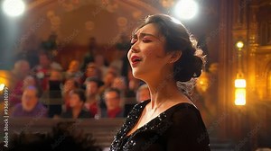 An opera singer captivates the audience with her powerful vocals and emotive expression at a prestigious theater. The atmosphere is electric as she performs.