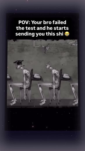 Memes by Cotq on Instagram: "The education is a myth - This 12-second video features a black-and-white animation of gaunt, skeletal figures seated at school desks, moving in a synchronized, mechanical rhythm. The scene is set to a somber, slowed-down track, while the overlay text reads: “POV: Your bro failed the test and he starts sending you this shi.” The humor is rooted in the “brain rot” aesthetic, using unsettling and surreal imagery to represent an exaggerated emotional state. By equating 