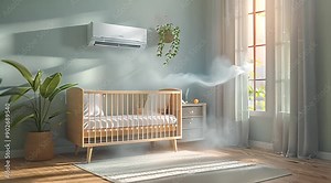 A baby's room with an air conditioner, a white and light blue color scheme.