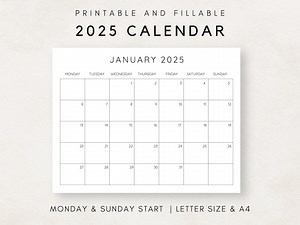 2025 Calendar Printable, Monthly Calendar 2025, Fillable Calendar, 2025 Planner Printable, Minimalist Calendar, Simple Clean Calendar - Etsy
