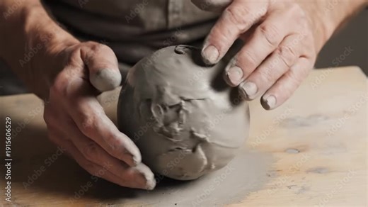Earth-shaped clay object. Human hands carefully mold and smooth an Earth-shaped clay object, shaping its surface with slow, deliberate movements.