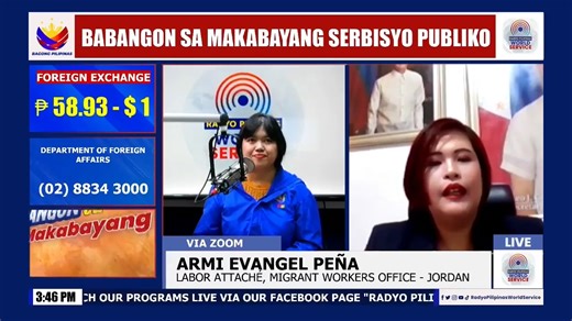 PANOORIN | Nasa 95 porsyento ng mga overseas Filipino worker (OFWs) sa Jordan ay mga household workers ngunit mayroon ding mga semi-skilled worker na nagtatrabaho sa mga hotel, restaurant, at salon sa naturang bansa. Inihayag ni Labor Attaché Armi Evangel Peña ng Migrant Workers Office - Jordan na kinikilala ang mga manggagawang Pilipino sa Jordan dahil sa kanilang magandang serbisyo, lalung-lalo na sa mga hotel. Ani Labor Attaché Peña, nasa 60 porsyento ng mga Pilipinong semi-skilled worker sa 