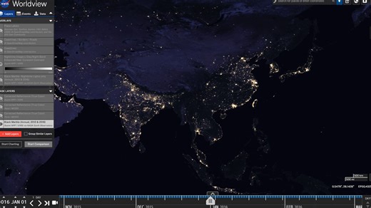 太空虚拟旅游 从NASA Worldview查看地球城市夜景灯光和云层等数据