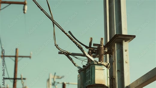 Electrical transformer on a utility pole with a network of power lines and a power station in the background, communicating electricity transmission and industrial energy