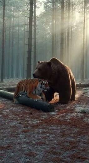 When two apex predators cross paths… nature gets intense 🐅🐻 #WildlifeBattle #NatureRaw #PredatorCl