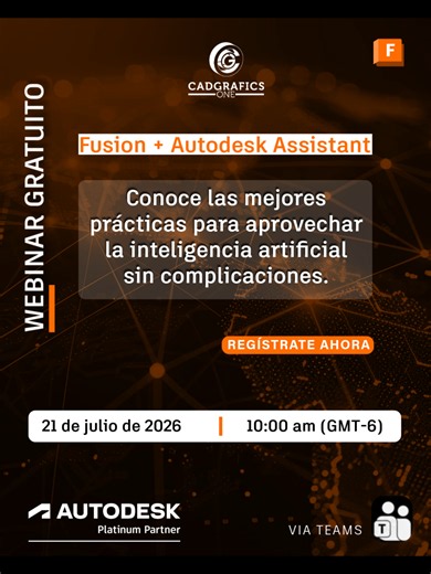 ¿Estás aprovechando realmente el potencial de la IA en Autodesk Fusion? Acompáñanos este 21 de julio a las 10:00 a.m. en un webinar exclusivo donde aprenderás a utilizar la Inteligencia Artificial en Autodesk Fusion para optimizar tus procesos de diseño, reducir errores, ahorrar tiempo y disminuir costos en tus proyectos. Nuestro experto, José Frías, Ingeniero en Soluciones Autodesk, compartirá mejores prácticas, recomendaciones y ejemplos reales para ayudarte a sacar el máximo provecho de las h