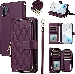 Wallet Case for Samsung Galaxy Note 10 Plus Note10+ 5G with Wrist Strap 9 Card Slots Zipper Purse Luxury PU Leather Stand Phone Cover for Note10 + Notes 10+ Ten Not S10 10Plus Women Deep Purple