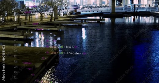Faint code lines starting overlay rising over dock and water scrolling, stacking, showing net risk